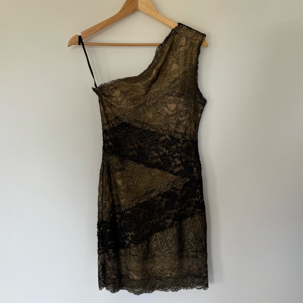 Y2K Bebe Black and Gold Lace One-Shoulder Dress